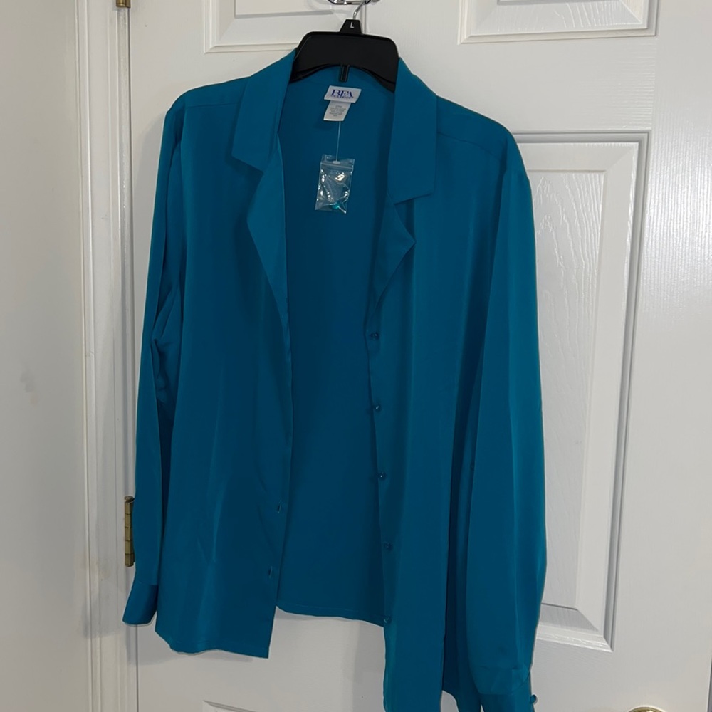 Large Turquoise 100% Polyester Button Up Shirt- by BFA Classics